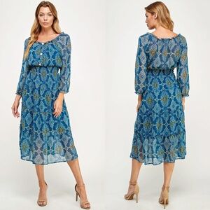 FIGUEROA & FLOWER Women's Small Blue Foulard Print Smocked Tiered Midi Dress